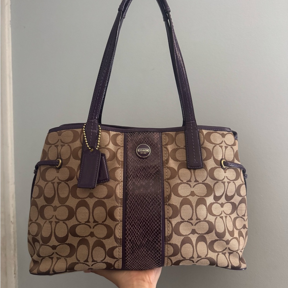 Coach Tan and Purple Signature Shoulder Bag